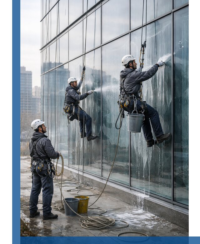 Промышленная мойка панорамных окон на высоте в Подольске