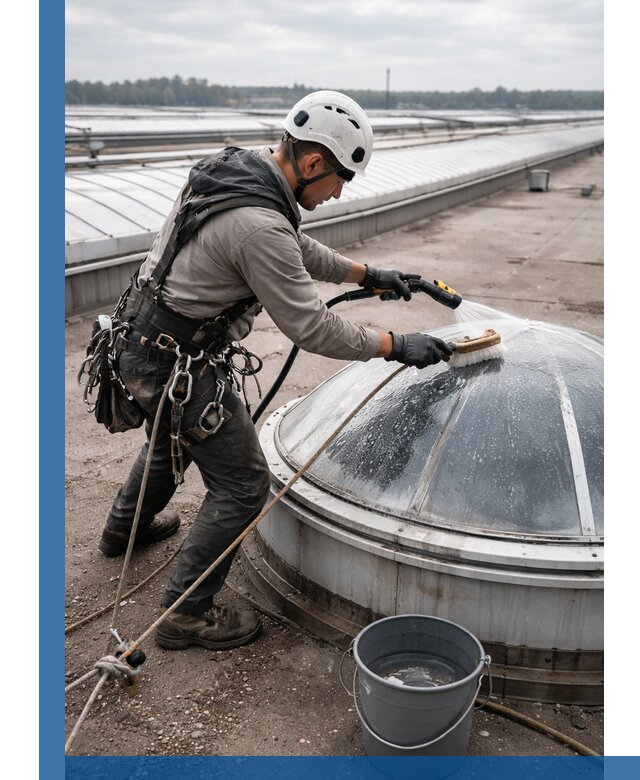 Мойка зенитных фонарей на кровле для промышленных объектов в Подольске