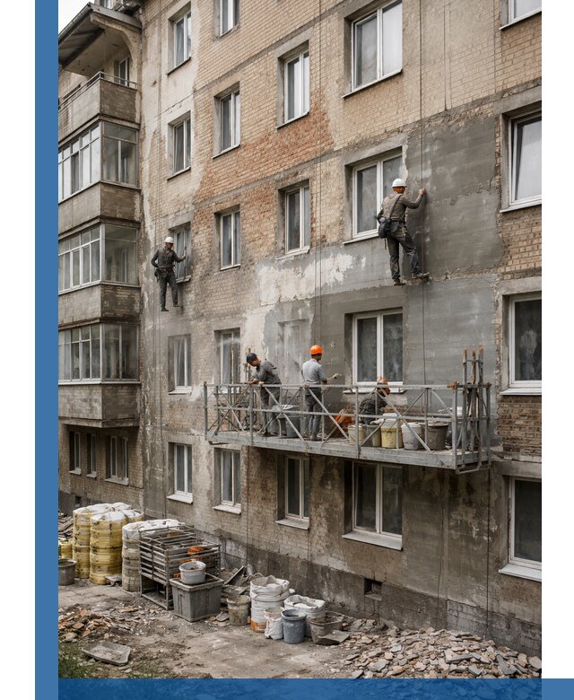 Капитальный ремонт фасада в Подольске с восстановлением и гидроизоляцией