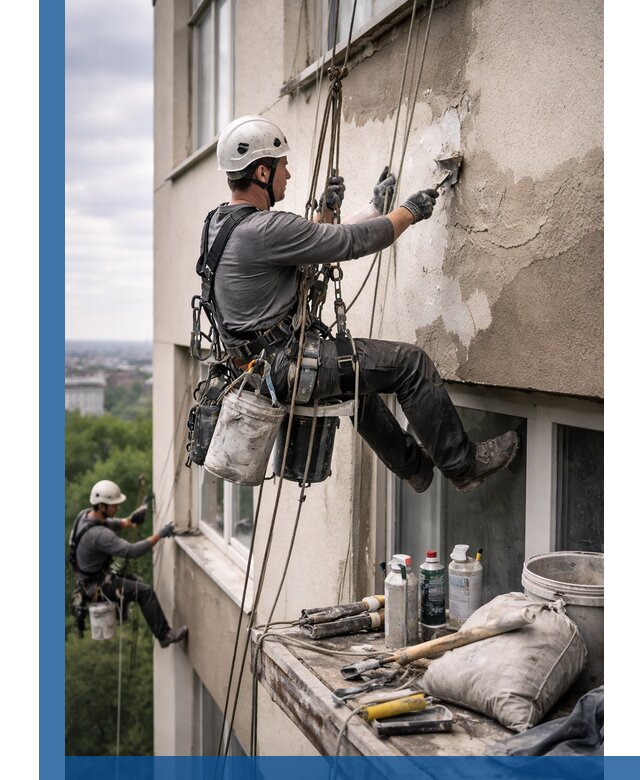 Косметический ремонт фасада зданий в Подольске промышленными альпинистами