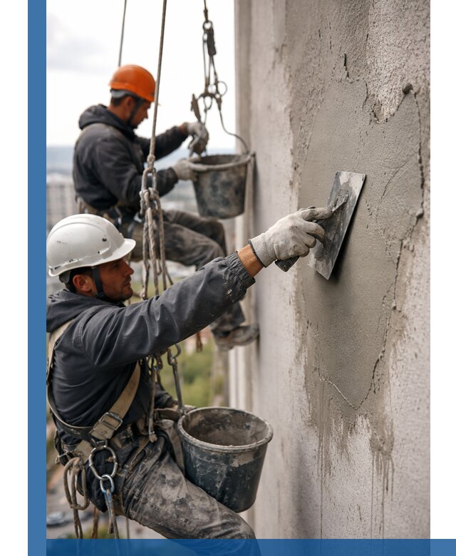 Штукатурка фасада на высоте в Подольске профессиональные работы