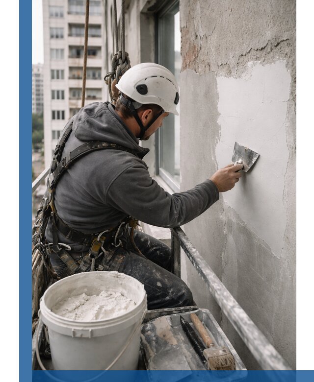 Шпаклевка фасадов на высоте с промальпинистами в Подольске