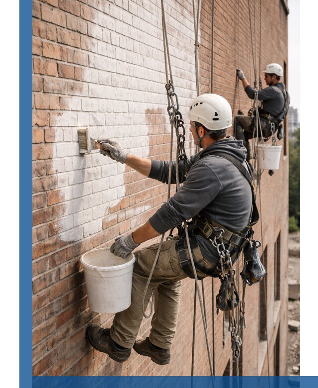 Покраска кирпичного фасада с доступным альпинистским сервисом в Подольске