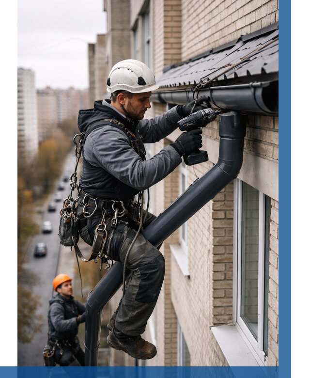 Монтаж водосточной системы на здании в Подольске от 5209 р. | ВЫСОТНИК-Пдл