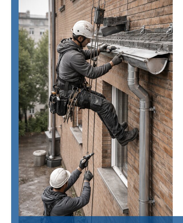 Монтаж водосточной системы на здании в Подольске под ключ