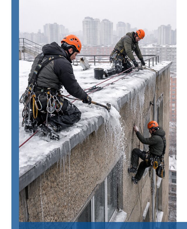 Удаление наледи с кровли в Подольске промышленными альпинистами