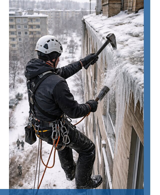 Сбивание сосулек с крыши в Подольске по цене от 4688 р. | ВЫСОТНИК-Пдл