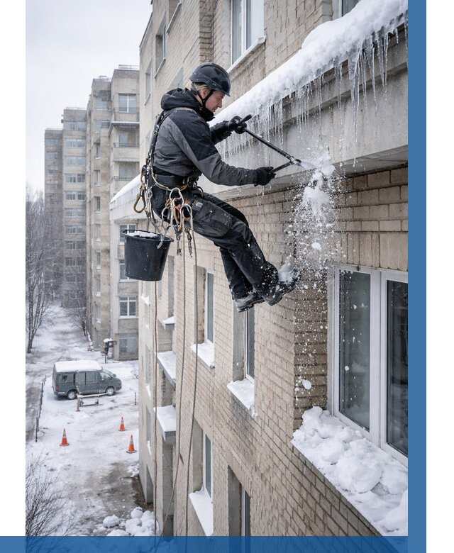 Удаление наледи с карнизов в Подольске от 365 р. | ВЫСОТНИК-Пдл