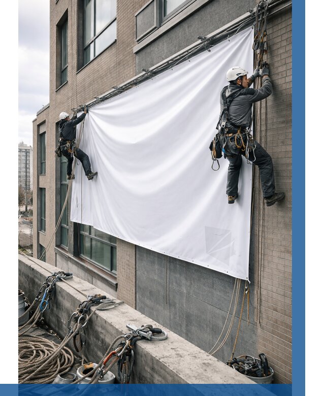 Монтаж баннеров на фасаде в Подольске от 677 р. заказать ВЫСОТНИК-Пдл