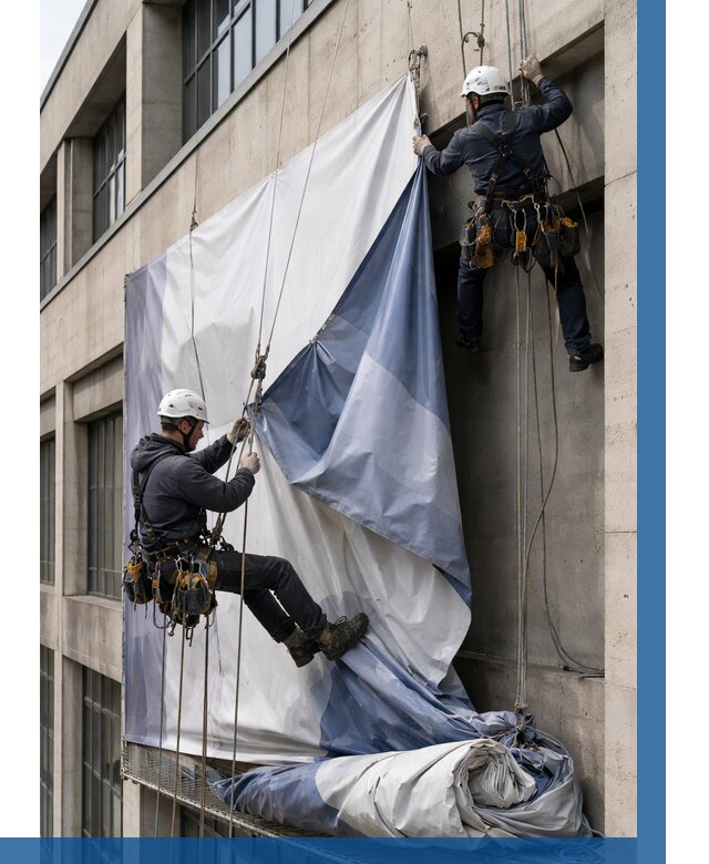 Демонтаж баннеров с фасада в Подольске от 4688 р. | ВЫСОТНИК-Пдл