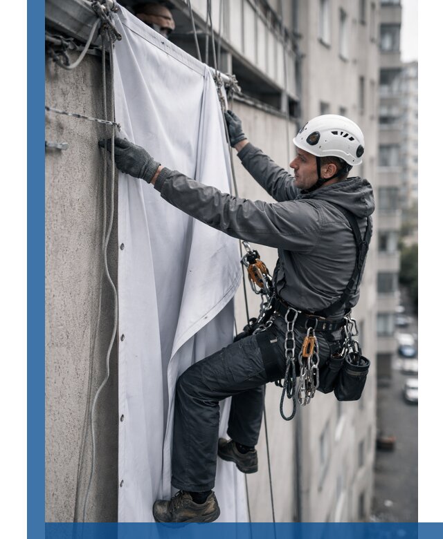 Замена баннерного полотна промышленными альпинистами в Подольске
