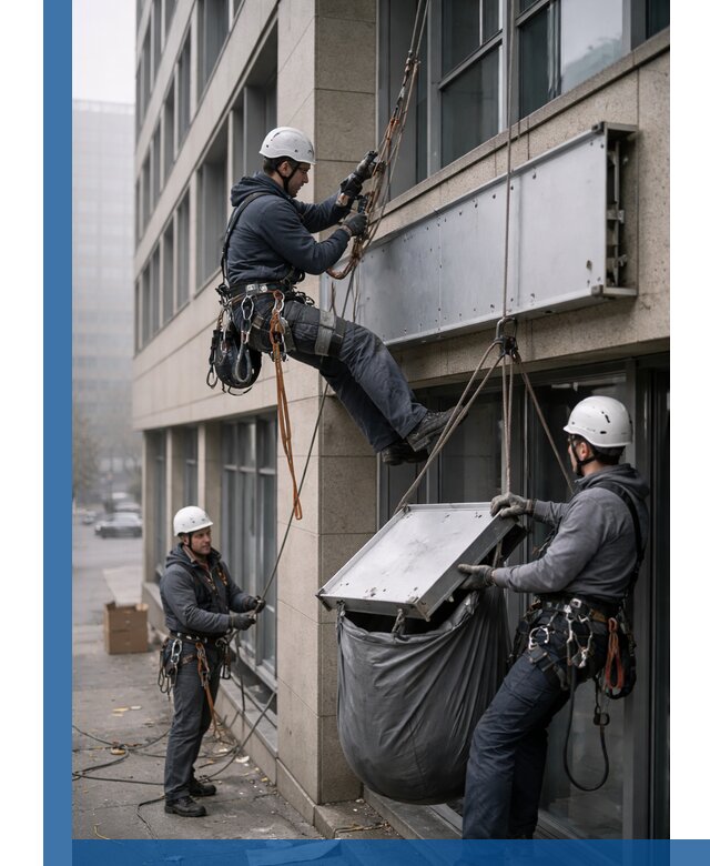 Демонтаж рекламной вывески с высотными работами в Подольске