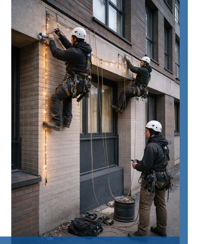 Монтаж гирлянд на фасаде в Подольске от 3646 р. | ВЫСОТНИК-Пдл