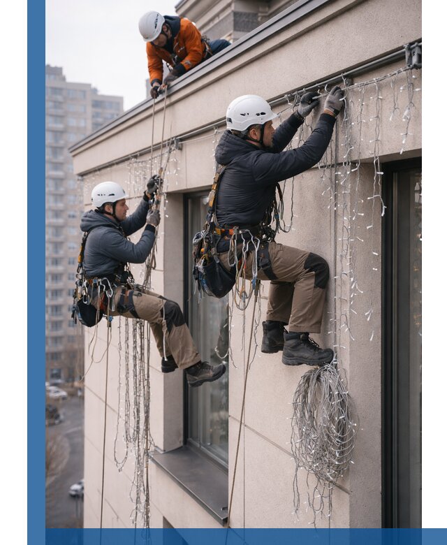 Монтаж праздничных гирлянд на фасаде в Подольске для зданий