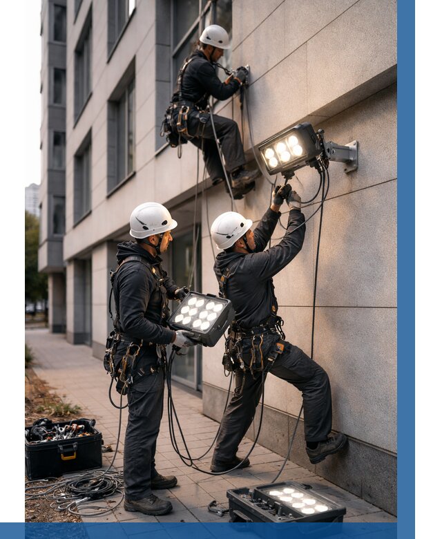Монтаж прожекторов на фасаде в Подольске от 7814 р. | ВЫСОТНИК-Пдл