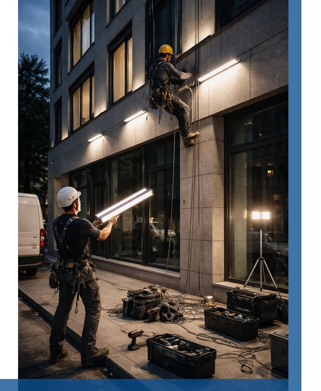 Монтаж архитектурной подсветки здания в Подольске от 2605 р.|ВЫСОТНИК-Пдл