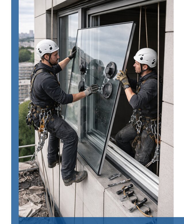 Замена стеклопакетов на высоте с промышленными альпинистами в Подольске