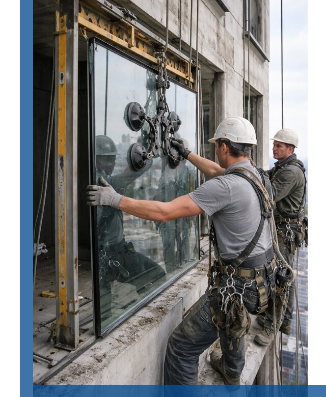 Монтаж стеклопакетов на высоте в Подольске с промышленным альпинизмом