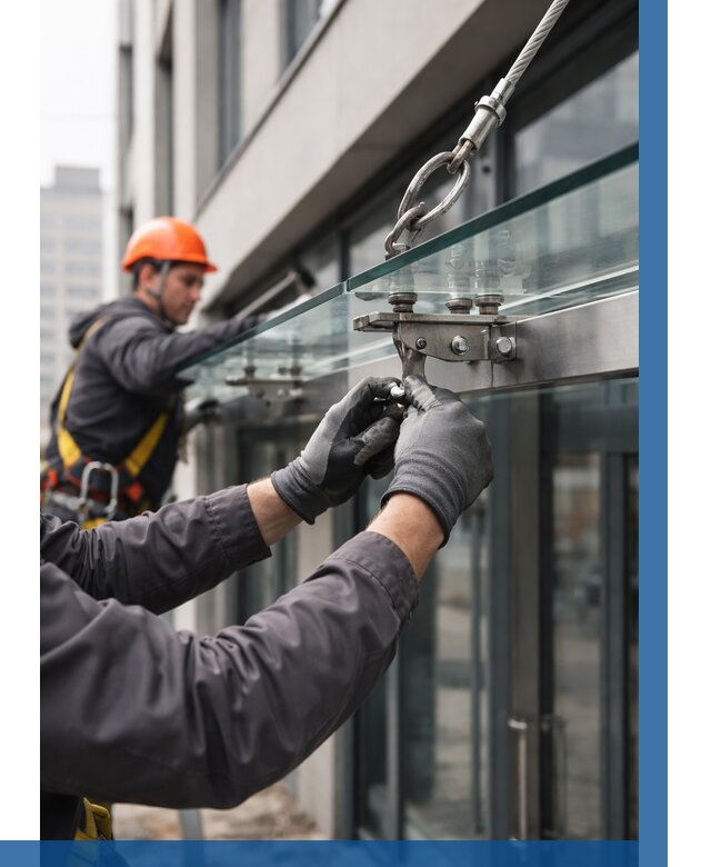 Монтаж стеклянных козырьков в Подольске от 8855 р. | ВЫСОТНИК-Пдл