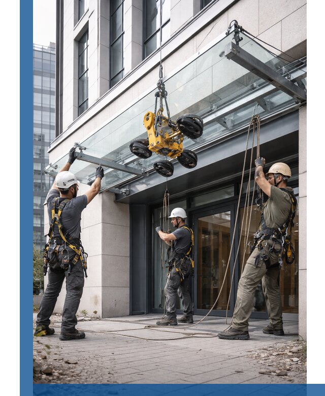 Монтаж стеклянных козырьков под ключ в Подольске для зданий