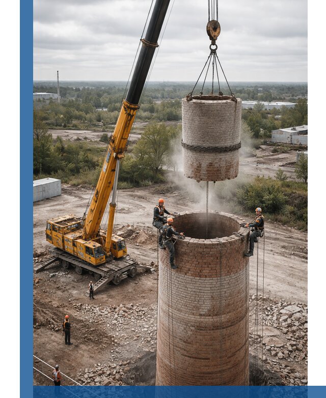 Демонтаж дымовой трубы в Подольске с гарантиями безопасности