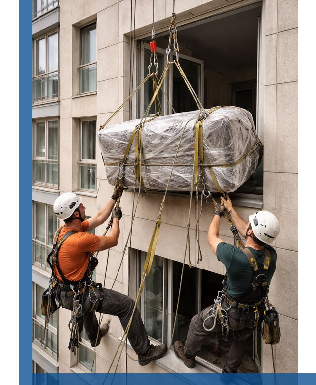 Подъем грузов через окно в Подольске промышленными альпинистами