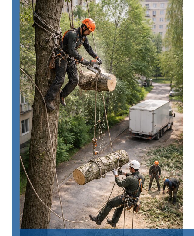 Спил деревьев альпинистами в Подольске, безопасно и без повреждений