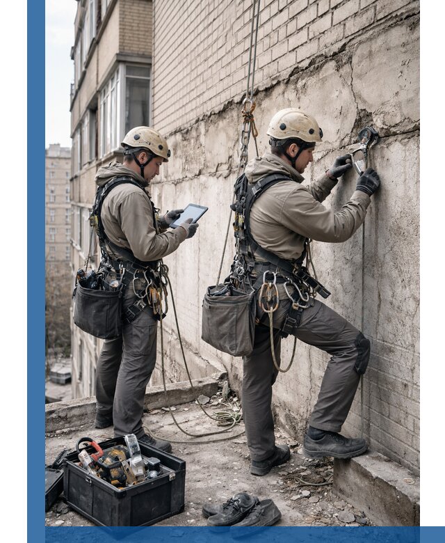 Обследование фасада промышленными альпинистами в Подольске